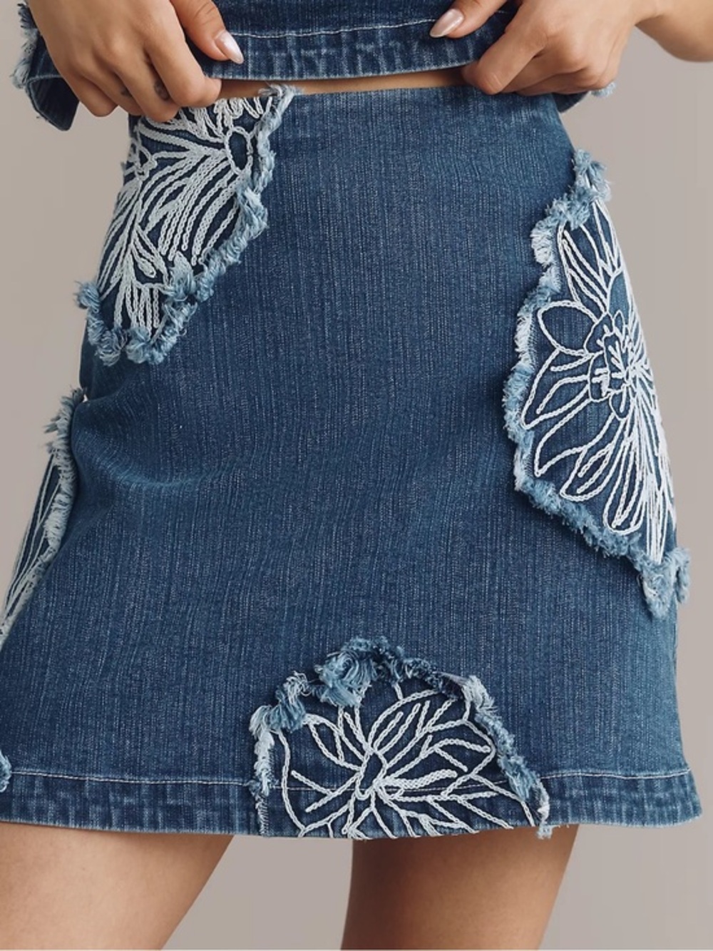 Maeve Embroidered Denim Mini Skirt